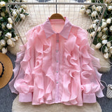 French Romantic Style Leaf Side Pink Shirt Female Spring Korean Version Of Loose Open Shirt Commuter High-End Feel