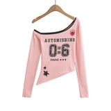 Personality Hottie Autumn New Printed Collared Shoulder Bumpy Long-Sleeved T-Shirt Collared Asymmetrical Collar