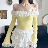 Sweet Hottie Lace Splicing A Word Shoulder Long-Sleeved T-Shirt For Women's Autumn New Design Slimming Short Top