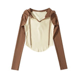 Pure Hot Babes Bumped Into The Shoulder Sleeve Rope Hooded Long Sleeves Straight T-Shirt Under The Curved T-Shirt
