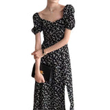 French Floral Dress Women's Summer Collar Bubble Sleeve Open Forked Waist Temperament Tea Break Long Skirt