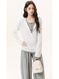 Snow Cotton Korean Autumn And Winter Sweet Wind And Fake Two Spliced Long-Sleeved T-Shirt Women's Top Half Open Collar Small Fragrant Blouse
