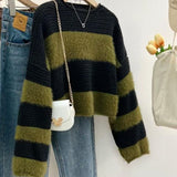 Short Knitted Striped Hooded Sweater 2025 Autumn Coat Women New Retro Loose Outer Wear Lazi Knitted Shirt