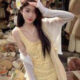 Yellow Broken Flower Hanging Dresses Women's Summer Sleeveless Vestal Dress French Sweet Wind Roller-Sleeve-Length Dress A-Character Skirt