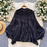 Court Style Niche High-End Feeling Heavy Industry Nails Drill Lantern Sleeve Escre Net Yarn Shirt Women Loose Leisure Top