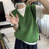KANING Vintage Solid Color V-Neck Knitted Vest Women 2026 New Korean Design Sweater Vest Women