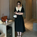 Hepburn Style Splicing Colliding Color Doll Collar Dress Senior Feeling Girl Summer Loose Adjustment Waist A Word Long Skirt