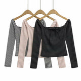 Sweet Sister Summer Design Feeling A Word Shoulder Striped Strapped Bottom Shirt Women Autumn Long Sleeves And Shoulders To Put On A Top