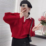 Sweater Autumn And Winter Splicing Women's Shirt Wearing Design Sense Of A Small Collar Loose Jasmine Knitted Shirt Two