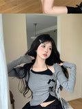 2026 Gray Design-Sensitive Bow T-Shirt Long-Sleeved Women Irregularly Open Shoulder Short Tops In The Spring And Autumn