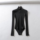 Tight-Tight High-Necked Long-Sleeved-Joined Women With Solid-Color Threaded T-Shirt T-Shirt Tops