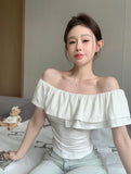 T-Shirt Girl Korean Gentle Wind Lotus Leaf Side Shoulder Short Sleeve Summer New Temperament Waist Solid Color Short Shirt