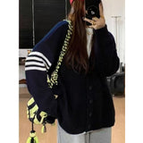 KANING Korean Striped V-Neck College Wind Loose Knits 2026 Autumn And Winter New Women's Sweater Coat