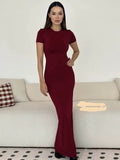Women's Summer Dress Sexy Temperament Pure Round Collar Short-Sleeved Long Women's Dress Dress
