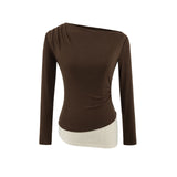 Yellow Pure Sexual Sexy Two Slanted Shoulder Lace Spliced Long-Sleeved T-Shirt Girls Spring And Summer Body Show Off Shoulder Clothes