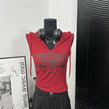 Fashionish Letter-Print Hooded Vest Women's Summer New Hottie Design With A Short Top