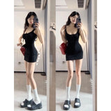 Hottie High-Waisted Rope Bow Bow U Collar Vest Pure Want To Pack Hip Short Skirt Skinny Pear-Shaped Figure Wearing A Dress