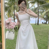 Gentle Wind-Fangd Tie Sling Solid-Colored Dress Summer Women French Height Waist Temperament Over The Knee Long Skirt