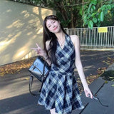 Black And White Lattice V-Neck Hanging Neck With Dress Women's Spring And Summer 2025 New Waist-Skinny A-Word Skirt