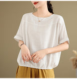 2026 Summer New Cotton Literature Retro Loose Round-Neck Chinese Style Tea Shirt Blouse
