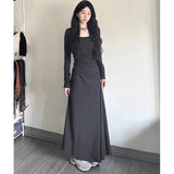 Hepburn-Style Black V-Neck Dress Women's New Korean Atmosphere In The Autumn And Winter 2025 Long Sleeves And Bottom Skirts