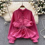 French Light Luxury Famous High-End Bubble Bubble Sleeve Shirt Women Autumn Waist Lotus Leaf Side Design Niche Super Fairy Top