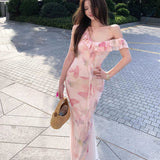 One-Word Shoulder Lotus Leaf Side Short-Sleeved Dress Women Summer Butterfly Print Fishtail Dress Pure Want To Pack Butts Long Skirt