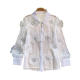 High-End Oceanic Heavy Industry Nail Pearl Sclins Stereo-Flower Shirt Women 2025 Spring Dress New Perspective Netɴ French Top