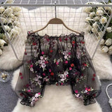 One-Word Shoulder Mesh Embroidery Perspective Shirt For Women's Summer Loose Bubble Sleeve Short Hoodie Long-Sleeved Lace Shirt