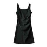 Ins French Retro U Collar Folds On The Chest And Net Face A-Word Dress