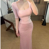 Great Look Pure Wind Fog Powder Short-Sleeved T-Shirt U Collar Top Repair Waist Thin Wave Dots Hip Skirt Suit