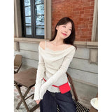 Pure Wind Red Fake Two-Piece Open Shoulder Splicing Long-Sleeved Knitted Shirt Women Autumn Wood Ear Design Feel Bottom Top