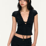 Pure-Want-Style Sexy Lace Splicing V-Neck Short-Sleeved T-Shirt Women's Summer Design Sense Slimming Short Dress