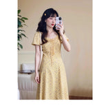 French Lotus Side Bubble Sleeve Yellow Broken Flower Dress Dress Women's Summer 2025 New Design Feeling Waist Skirt