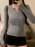 Ins Sexy Pure-Want Button Solid-Colored Long-Sleeved T-Shirt Girl Spring And Autumn Dress V-Neck Slimming Bottom Top Woman T