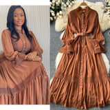 French Court Retro Elegant Dress Women's Collar Horn Sleeves To Close Single Buckle Lace Splicing Large Swing Dress