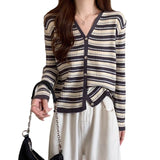 KANING Port Wind Sweet V-Neck Striped Knitted Cardigan Women 2026 Autumn New Ocean Gas Thin Sweater Outside