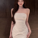 White Temperament Folded Boobs Twisted Thribony Dress Women Summer Sexy Pure Wind To Close The Waist Of The Ass Short Skirt