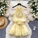Vietnamese Wrinkled Flowers High-Grade Feeling Small White Skirt Milk White Ponbo Pearl Hanging Neck Skirt Temperament Goddess