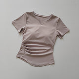 Yoga Suit With Breast Pad Women's Summer 2025 New V-Neck Thin Running Sports Leisure Short-Sleeved T-Shirt Fitness Top