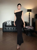Temperament Famous æ·ç Folds To Close The Waist And Collared Shoulders Dress Women's New Summer Slimming And Hips Long Skirt