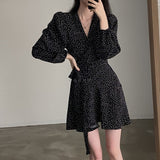 French Wave Point V-Neck Long-Sleeved Dress Women's One-Sided Belt Spring And Autumn Suit Wearing A Small Short Skirt