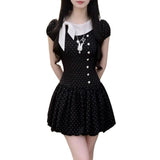College Storm Point Bow Splicing Button Summer Dress Girl Short Punt