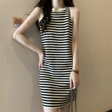 Design Knitted Vest Striped Dress Woman 2025 Summer New Body Hanging Neck Sling Skirt