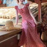 French Red Wave Dot Dress Summer New Sweet Lace Splicing High-Waist Holiday Style Long Skirt Tide