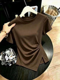 Pure Round Neck Solid Color Irregular Short-Sleeved Short-Sleeved T-Shirt Girl Summer Hottie Fashion Thin Short-Sleeved T-Shirt Girl Trend