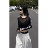 Hottie Sexy Perspective Mesh Long-Sleeved T-Shirt Girl Spring And Summer New Slim Slimming Sun Protection Shirt Clothes