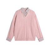 KANING Korean Version Of Splicing Lattice Fake Two Design Sense Of Loose Leisure Long-Sleeved Sweater New Knitted Shirt