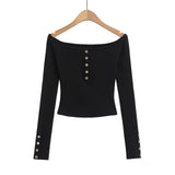 Pure-Style Hottie Button Word Shoulder Long-Sleeved T-Shirt Short Note Collared Sexy Bottom Shirt Wear