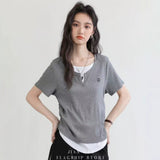 The New Korean Wearing A Casual Short-Sleeved T-Shirt U-Necked Two-Set Set Splicing Design Ribs Women's Summer Top